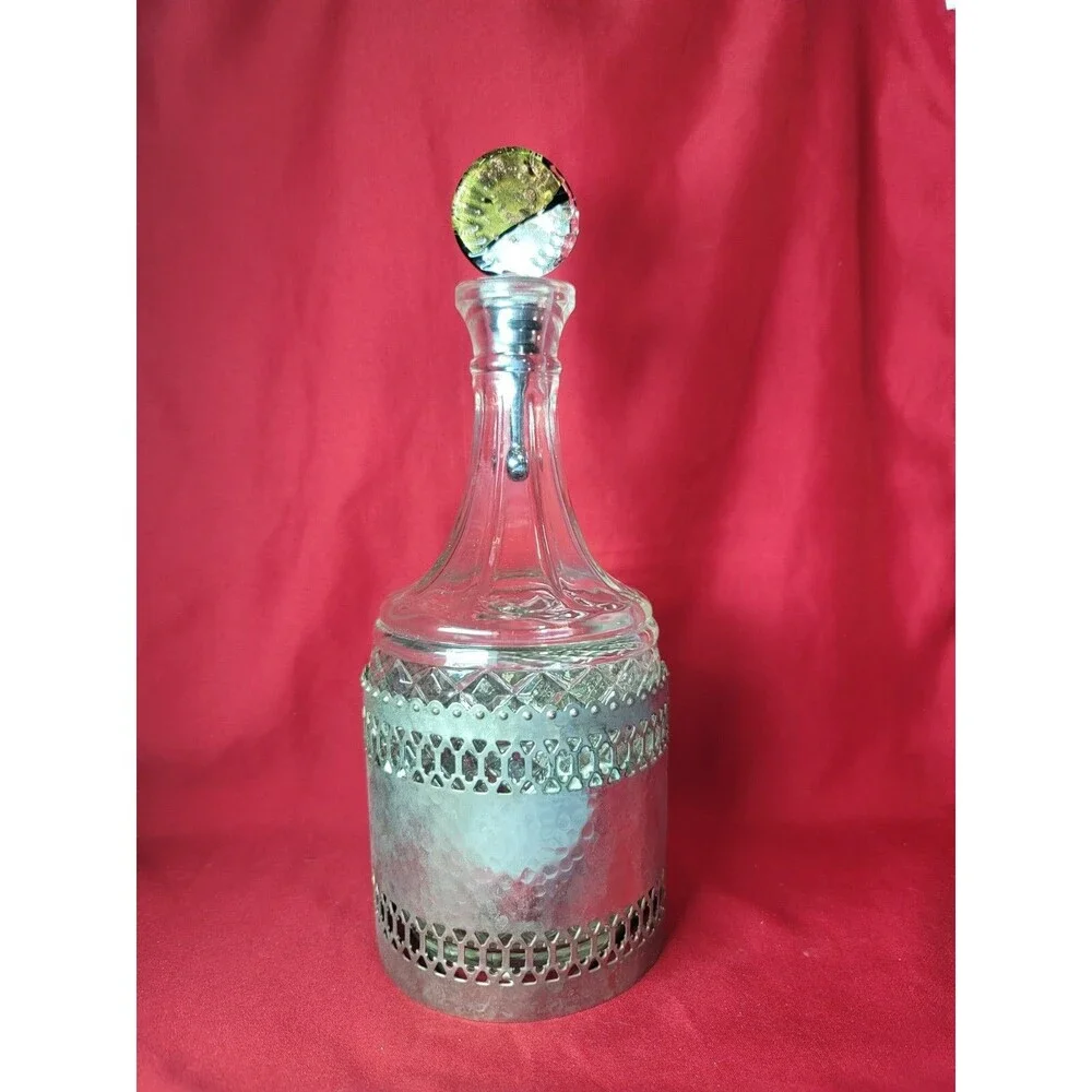 Silver Plated Caddy Bottle Hand Hammered VTG 11'' Crystal Decanter Liquor